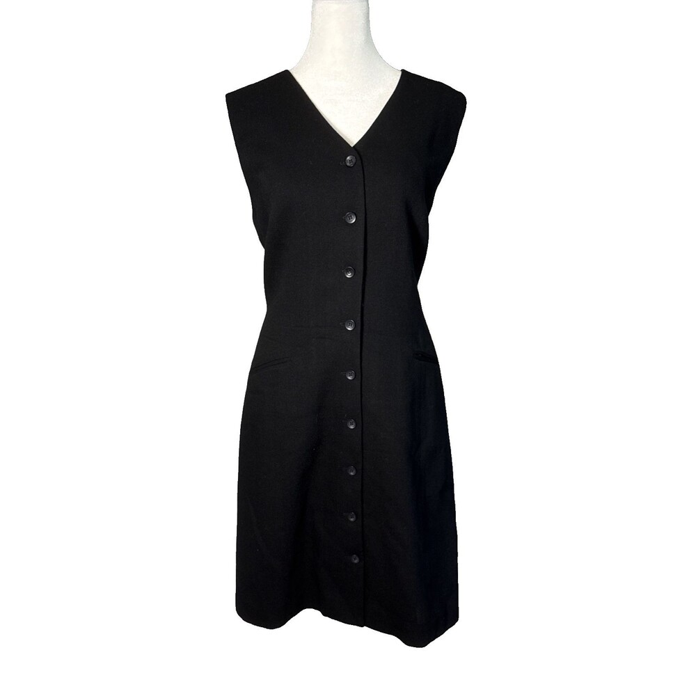 VINTAGE Ann Taylor Black 100% Wool Sheath Dress 14 Sleeveless Button Front $160